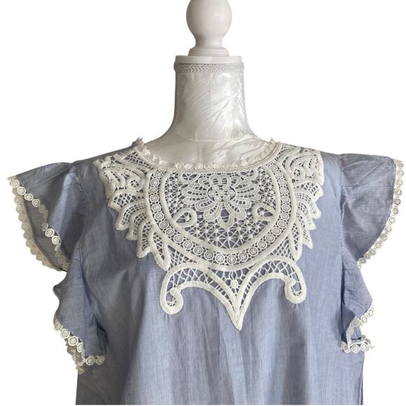 NWT Loft Blue White Stripe Crochet Lace Pinafore Old Money Dress Size Large - Picture 5 of 16